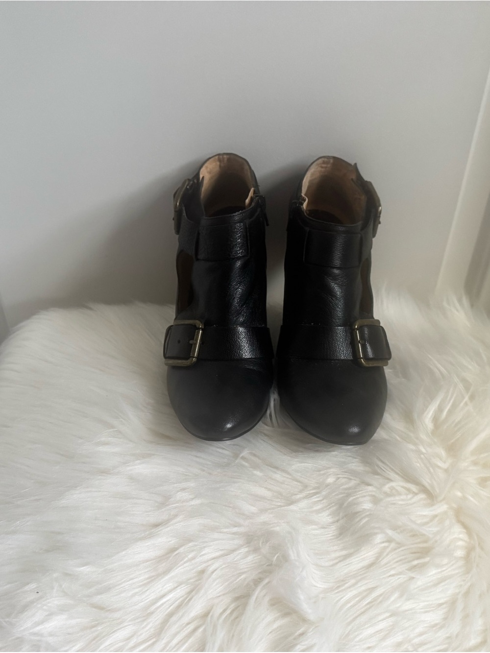 Nine West Black Leather Buckle Cutout Ankle Booties